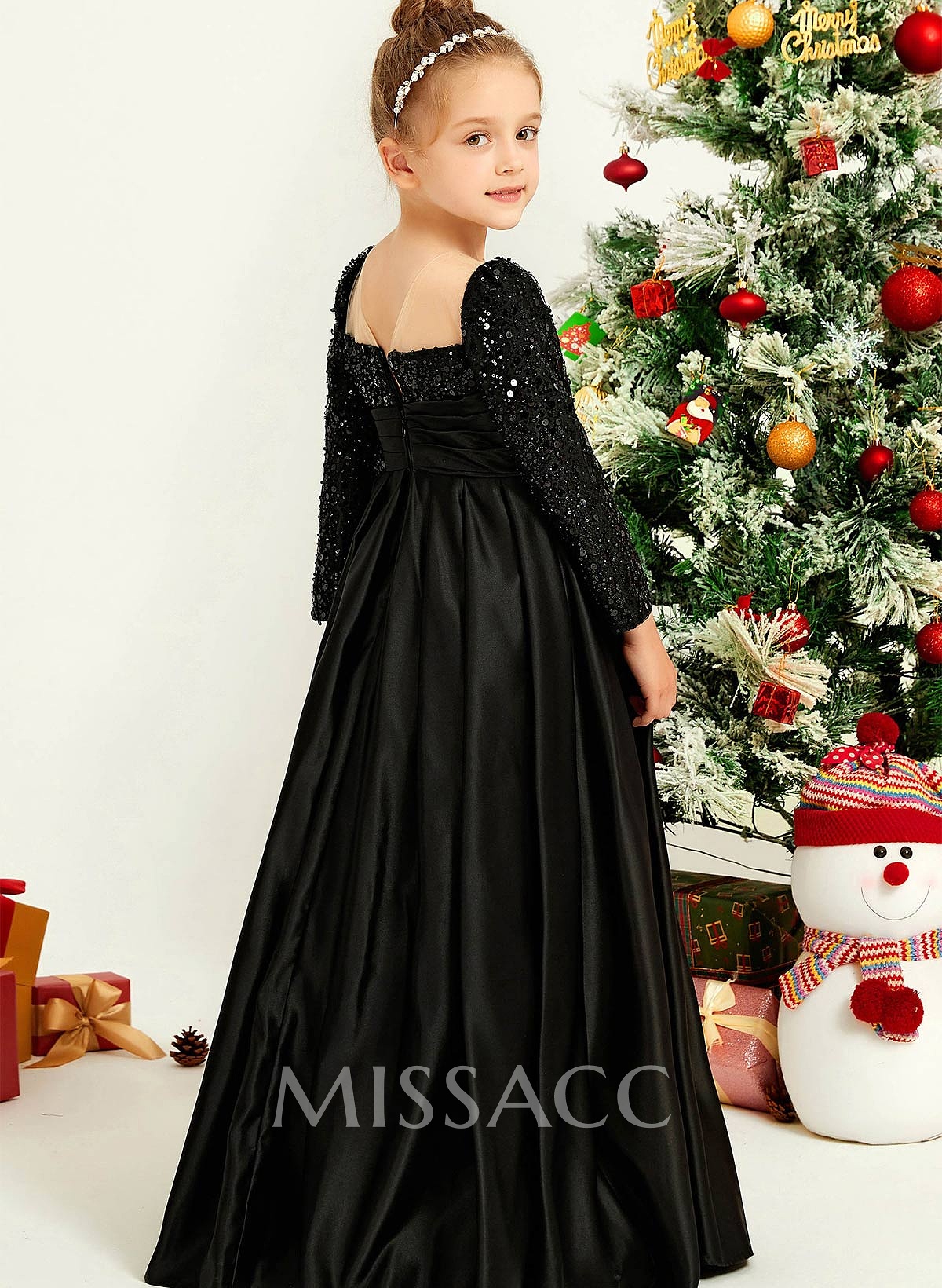 A-Line Square Neckline Long Sleeves Floor-Length Satin Flower Girl Dresses With Sequins/Pleated