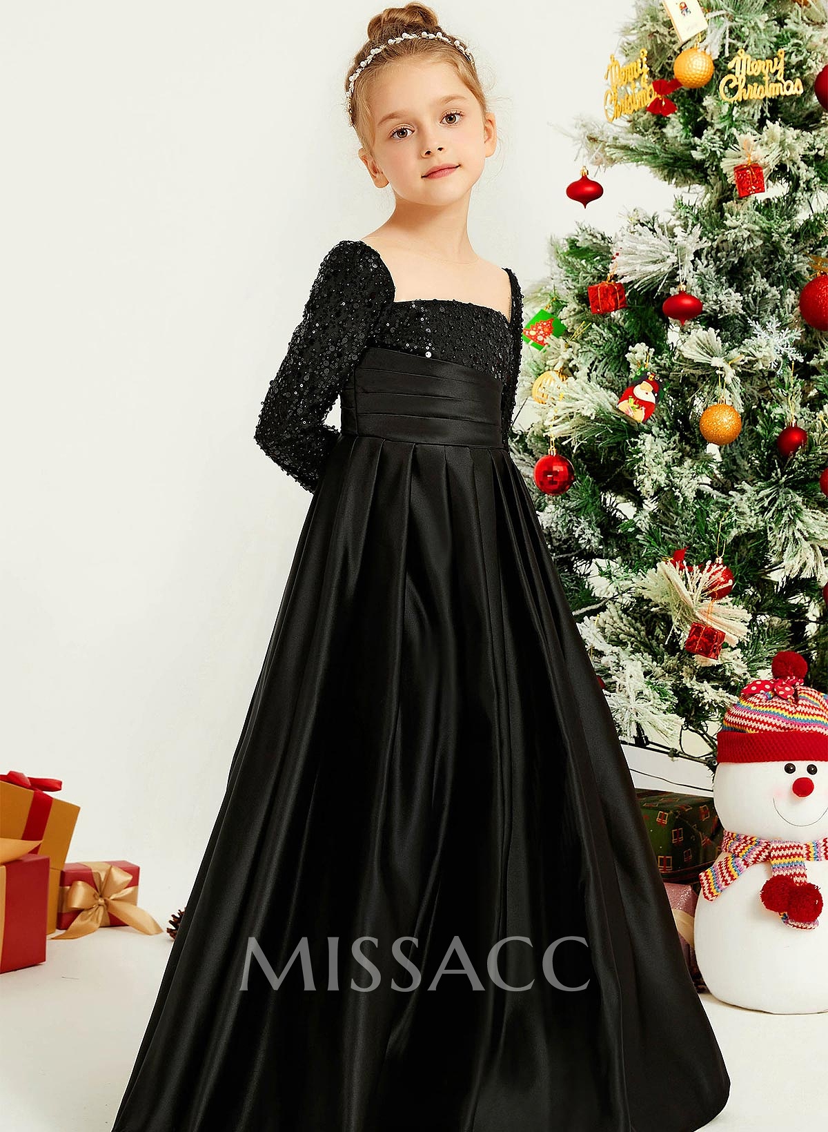 A-Line Square Neckline Long Sleeves Floor-Length Satin Flower Girl Dresses With Sequins/Pleated