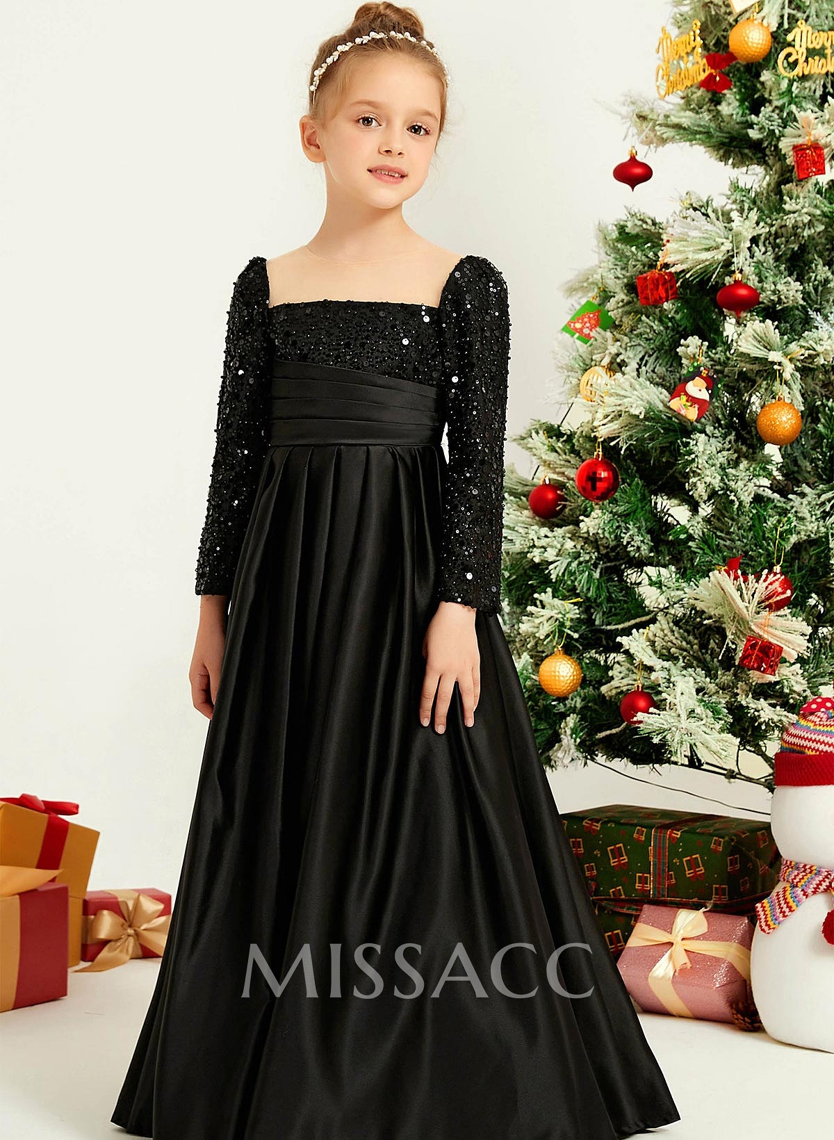A-Line Square Neckline Long Sleeves Floor-Length Satin Flower Girl Dresses With Sequins/Pleated