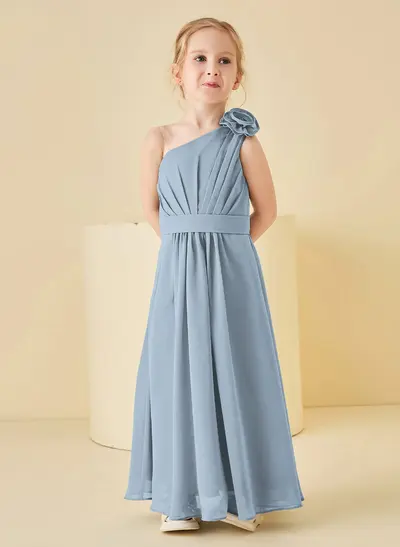 A-Line One-Shoulder Sleeveless Floor-Length Chiffon Flower Girl Dress with Pleats and Floral Details