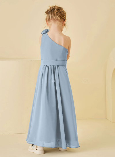 A-Line One-Shoulder Sleeveless Floor-Length Chiffon Flower Girl Dresses With Pleated/Flower(s)