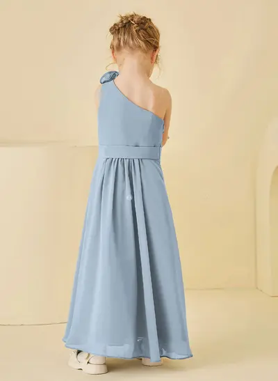 A-Line One-Shoulder Sleeveless Floor-Length Chiffon Flower Girl Dress with Pleats and Floral Details