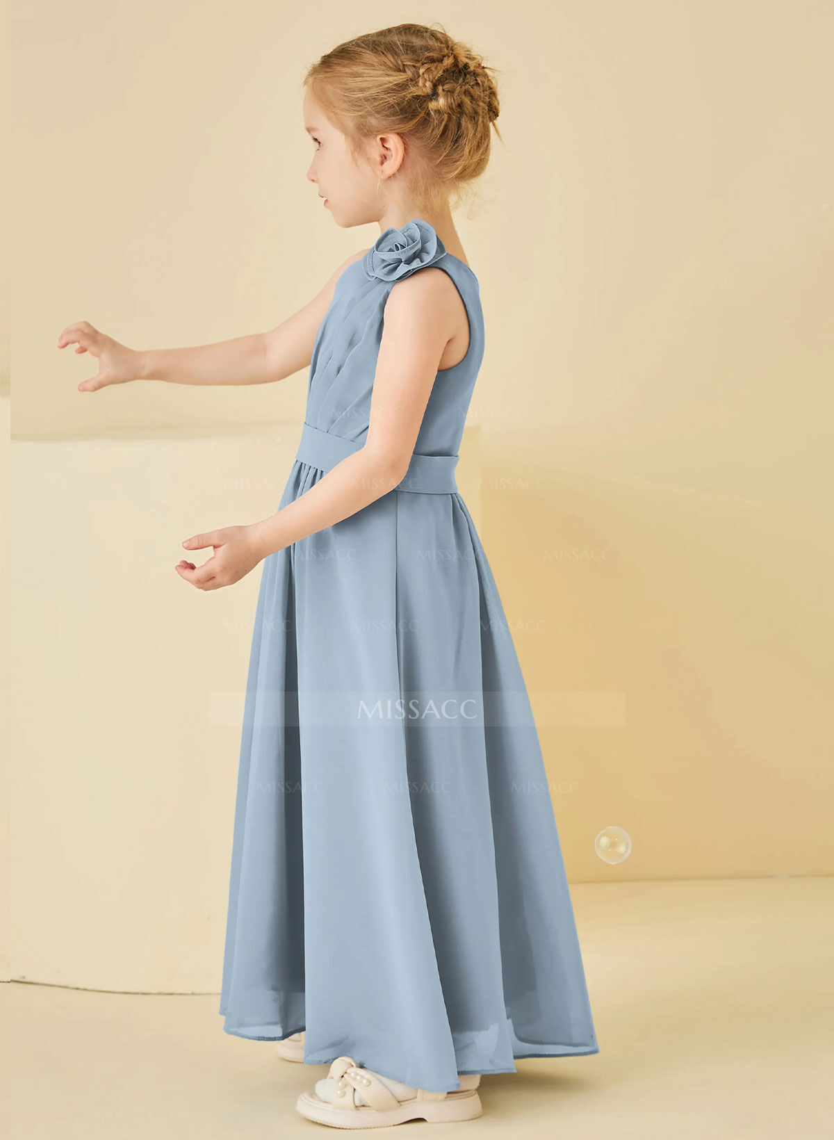 A-Line One-Shoulder Sleeveless Floor-Length Chiffon Flower Girl Dresses With Pleated/Flower(s)