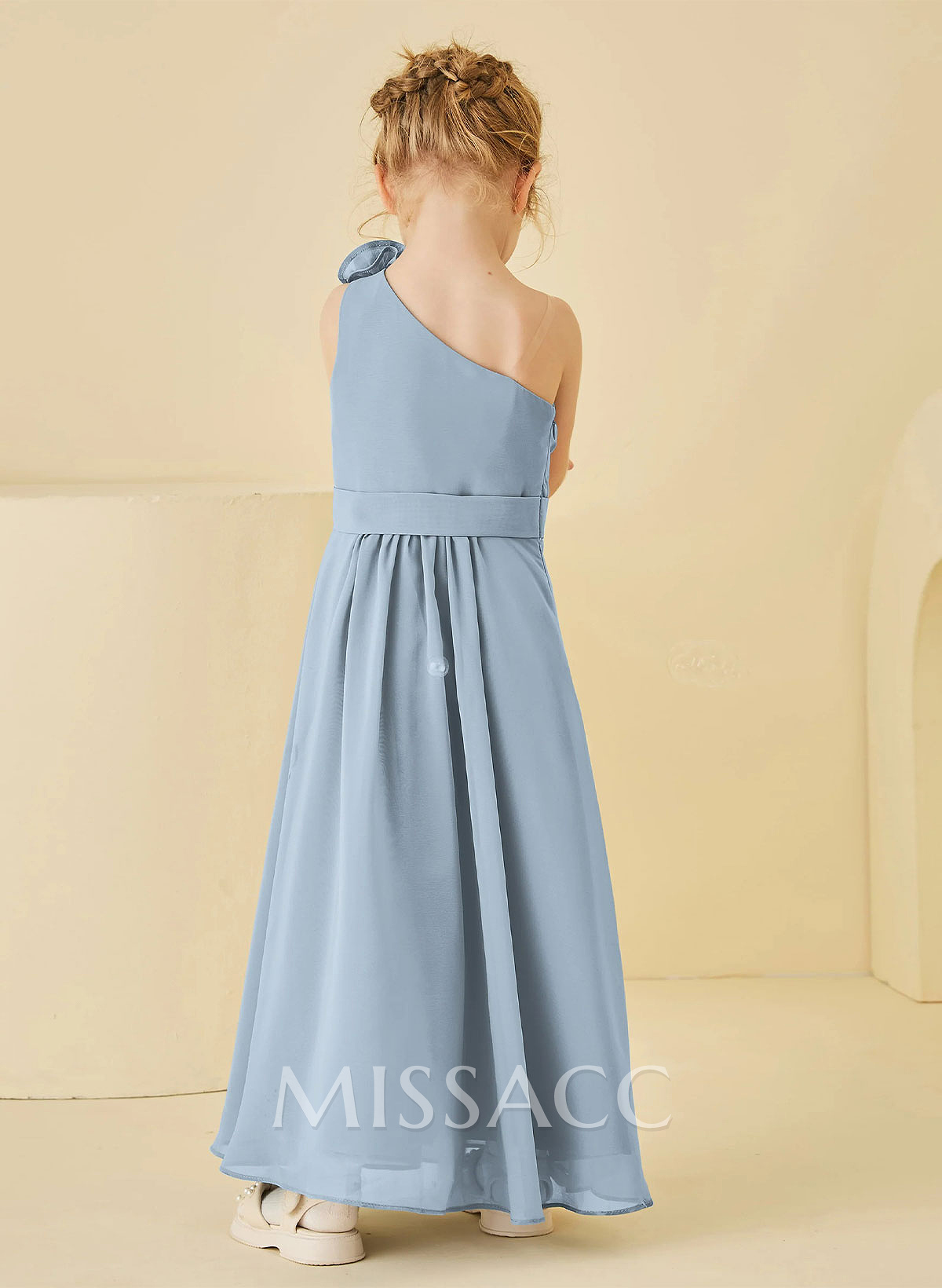 A-Line One-Shoulder Sleeveless Floor-Length Chiffon Flower Girl Dresses With Pleated/Flower(s)