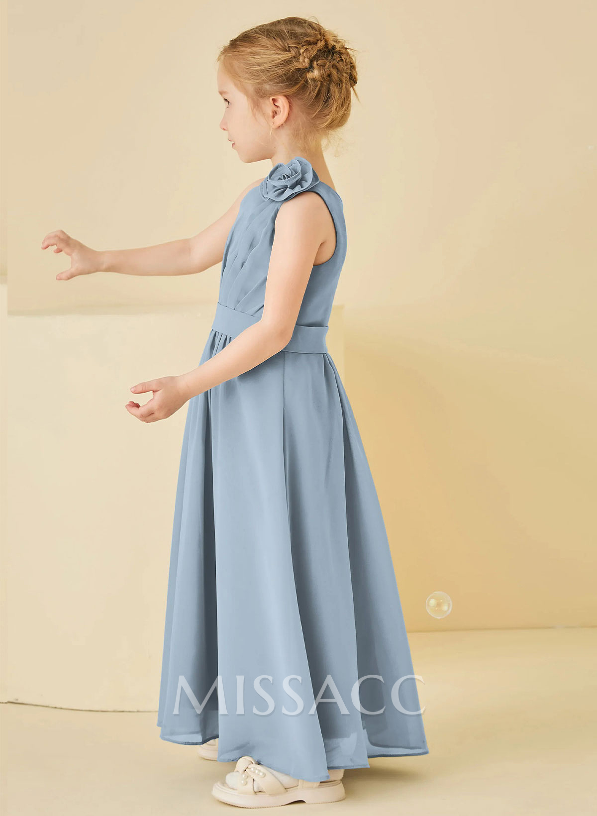 A-Line One-Shoulder Sleeveless Floor-Length Chiffon Flower Girl Dresses With Pleated/Flower(s)