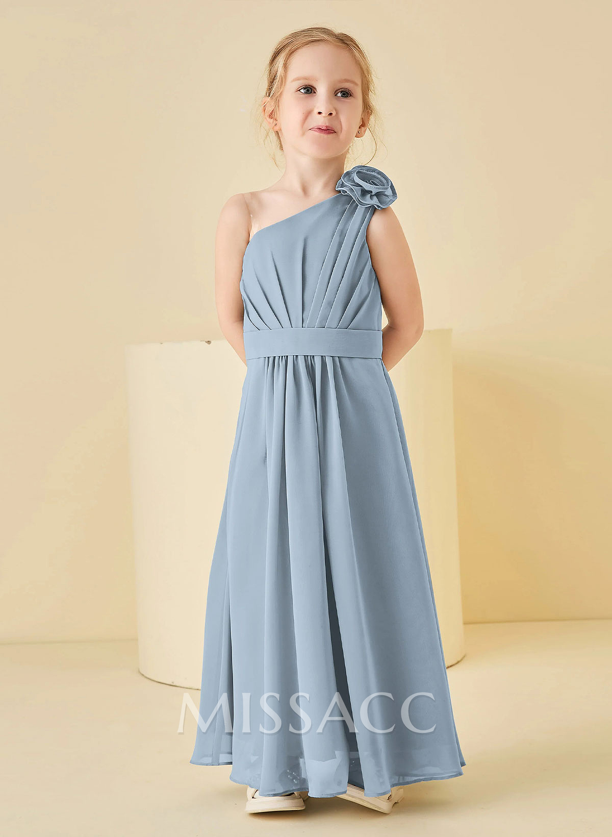 A-Line One-Shoulder Sleeveless Floor-Length Chiffon Flower Girl Dresses With Pleated/Flower(s)