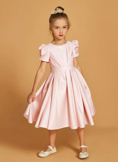 A-Line Scoop Neck Short Sleeves Tea-Length Satin Flower Girl Dresses With Pleated