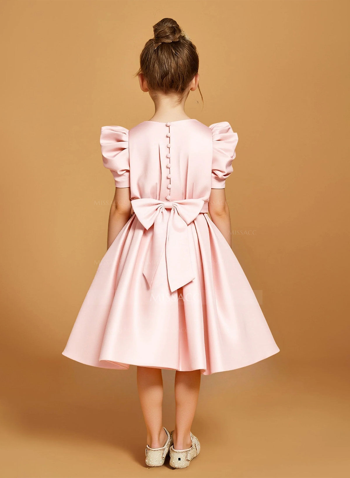 A-Line Scoop Neck Short Sleeves Tea-Length Satin Flower Girl Dresses With Pleated