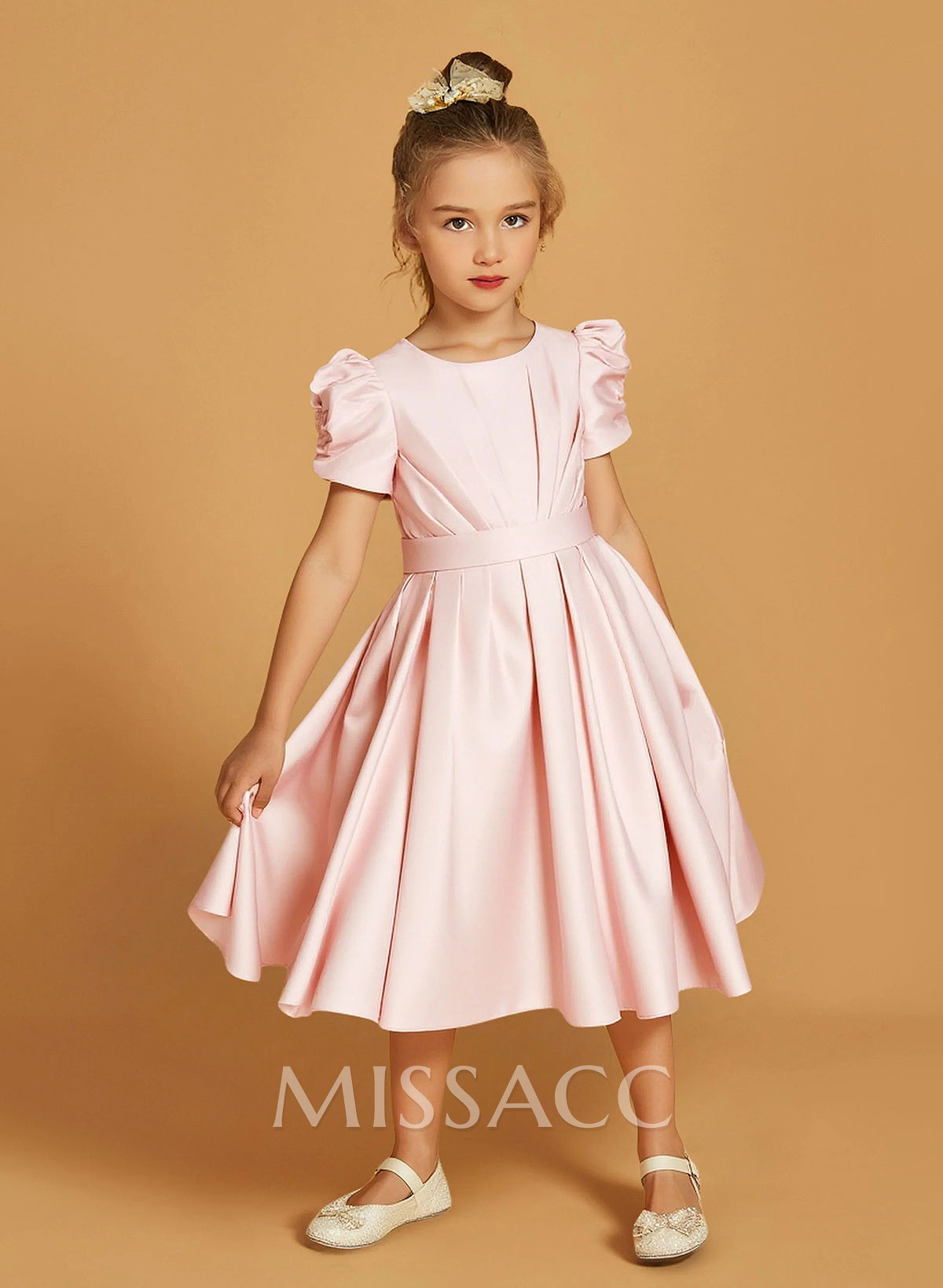 A-Line Scoop Neck Short Sleeves Tea-Length Satin Flower Girl Dresses With Pleated