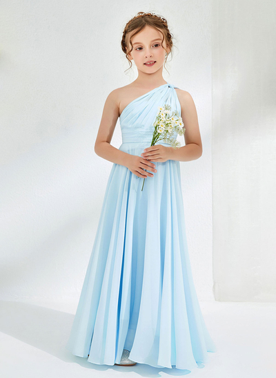 A-Line One-Shoulder Floor-Length Chiffon Flower Girl Dresses With Pleated