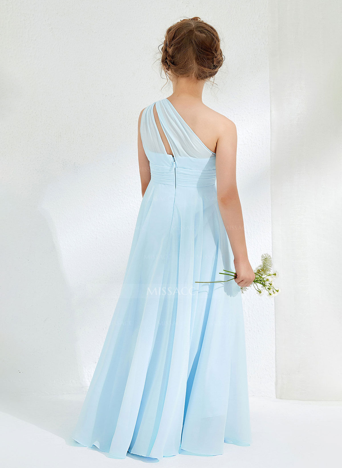 A-Line One-Shoulder Floor-Length Chiffon Flower Girl Dresses With Pleated