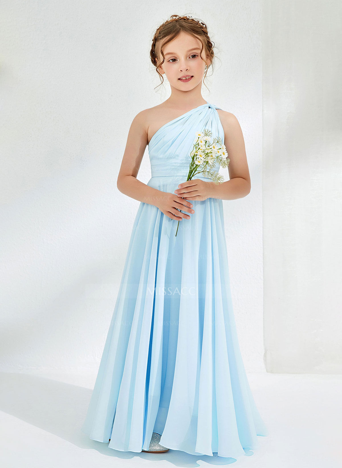 A-Line One-Shoulder Floor-Length Chiffon Flower Girl Dresses With Pleated