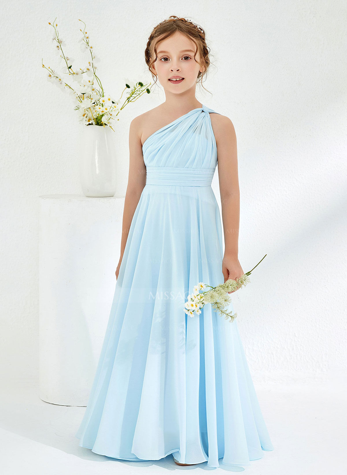 A-Line One-Shoulder Floor-Length Chiffon Flower Girl Dresses With Pleated