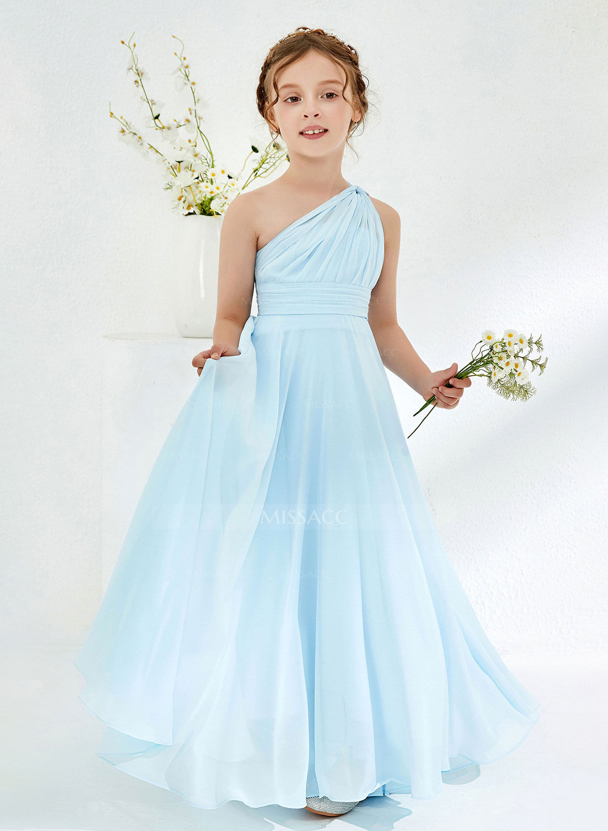 A-Line One-Shoulder Floor-Length Chiffon Flower Girl Dresses With Pleated
