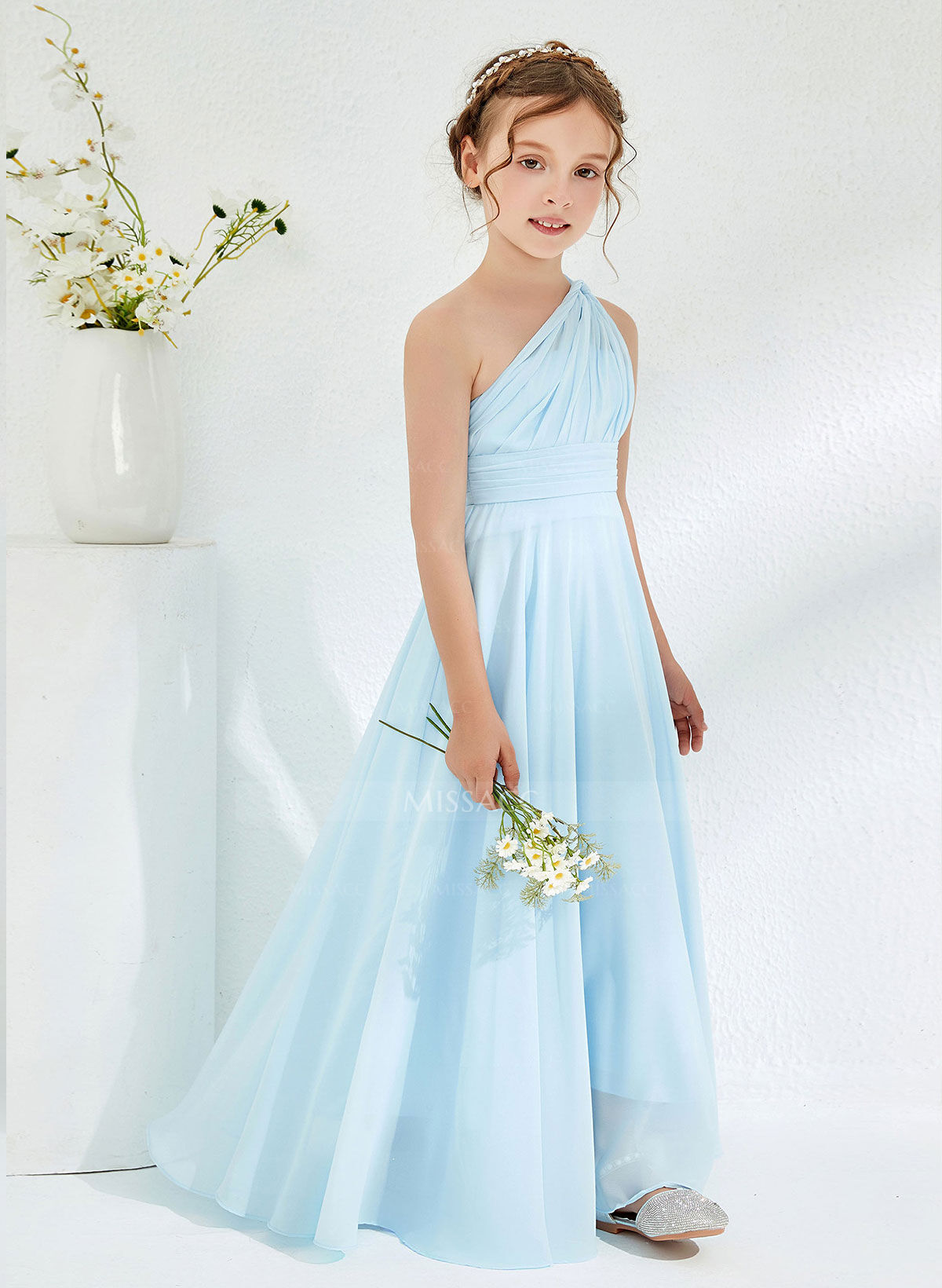 A-Line One-Shoulder Floor-Length Chiffon Flower Girl Dresses With Pleated