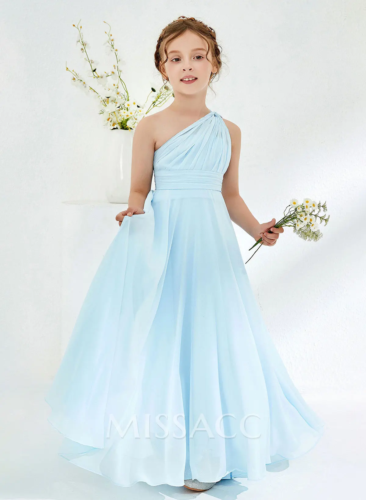 SFGD10349 A-Line One-Shoulder Floor-Length Chiffon Flower Girl Dresses $72