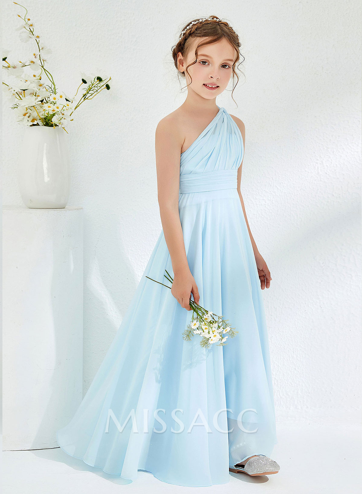 A-Line One-Shoulder Floor-Length Chiffon Flower Girl Dresses With Pleated