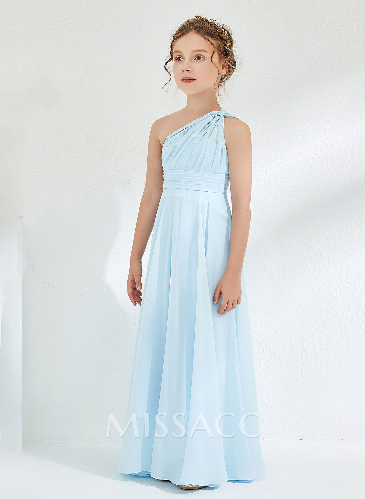 A-Line One-Shoulder Floor-Length Chiffon Flower Girl Dresses With Pleated
