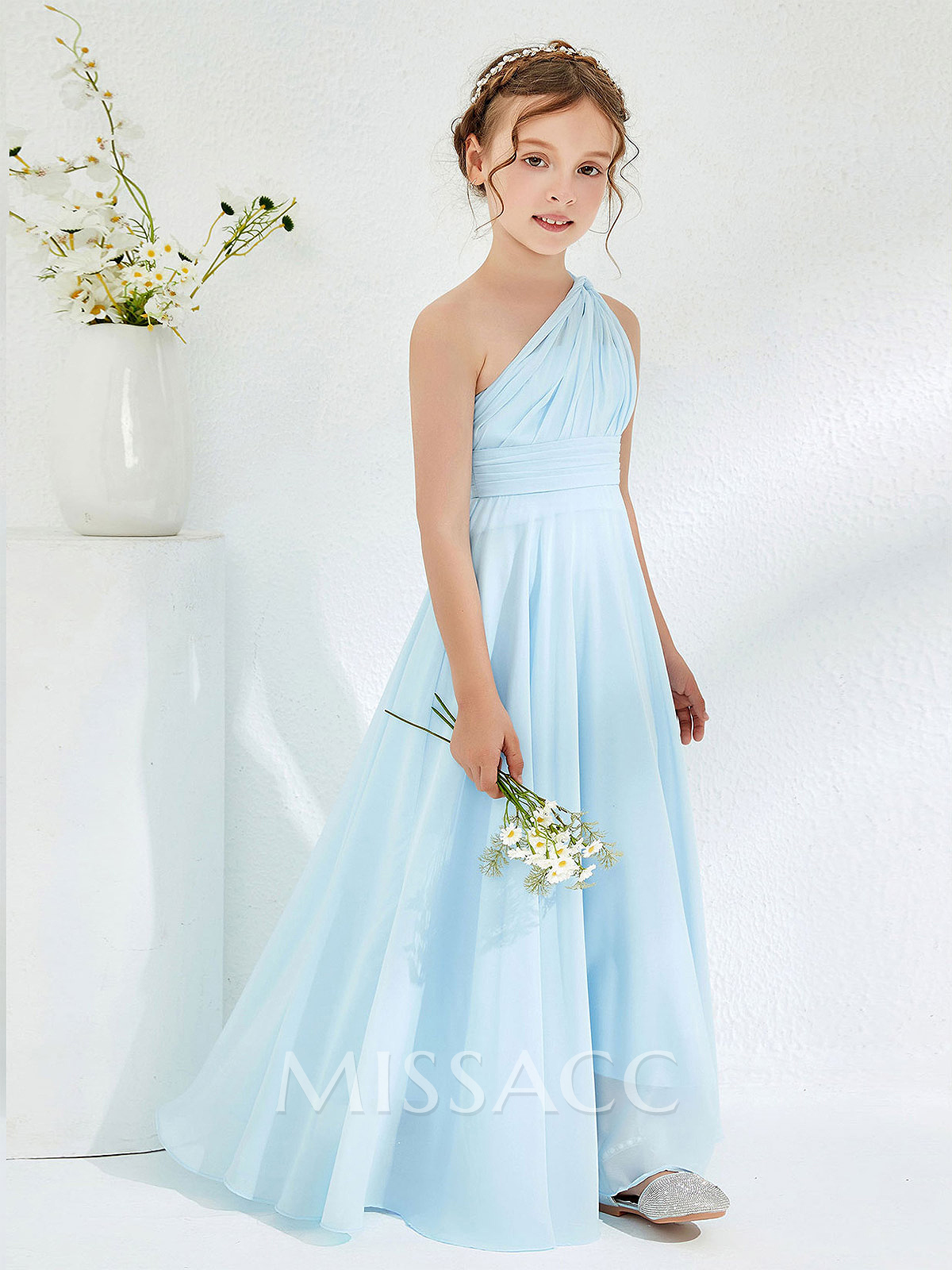 A-Line One-Shoulder Floor-Length Chiffon Flower Girl Dresses With Pleated