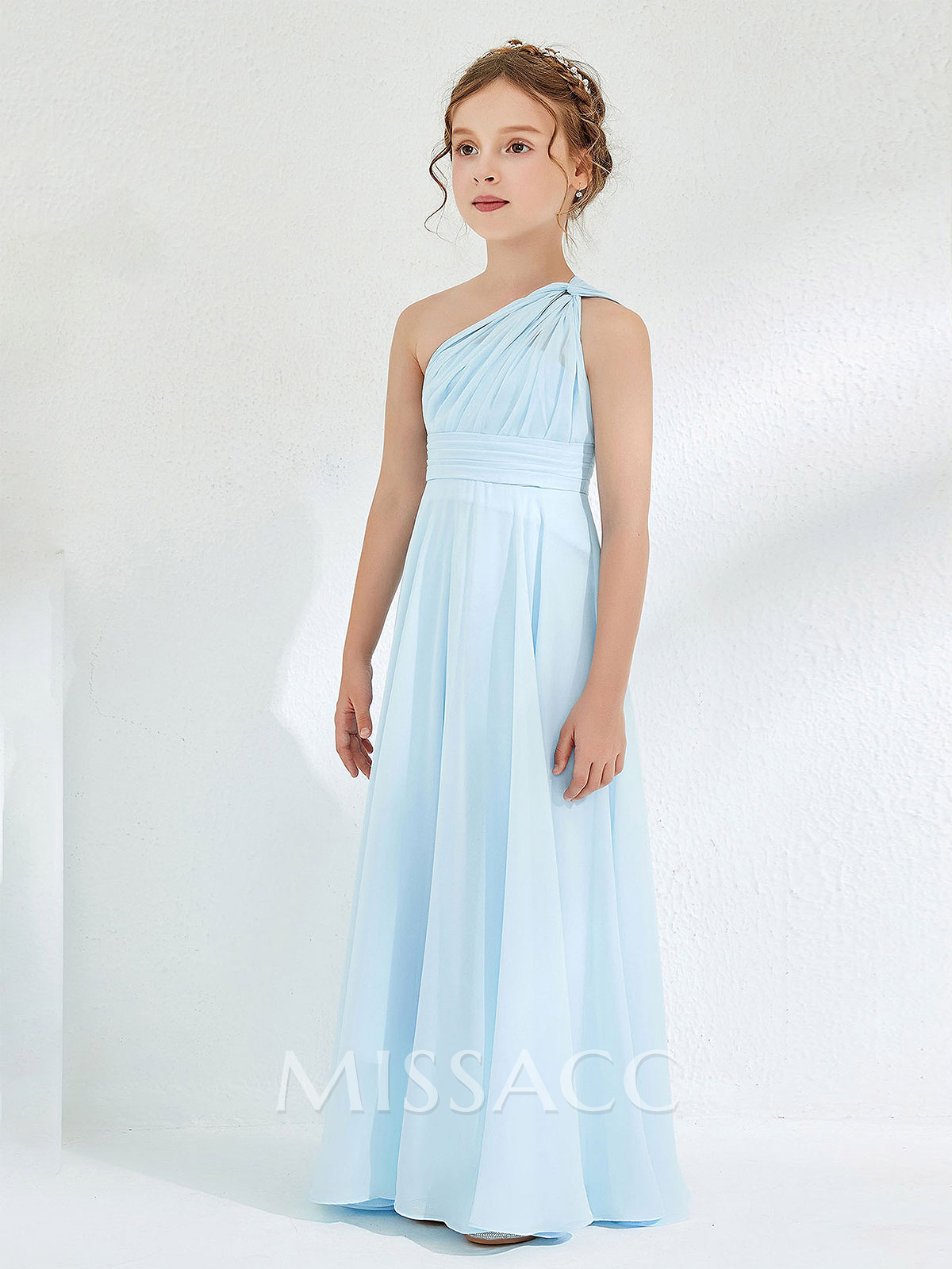 A-Line One-Shoulder Floor-Length Chiffon Flower Girl Dresses With Pleated