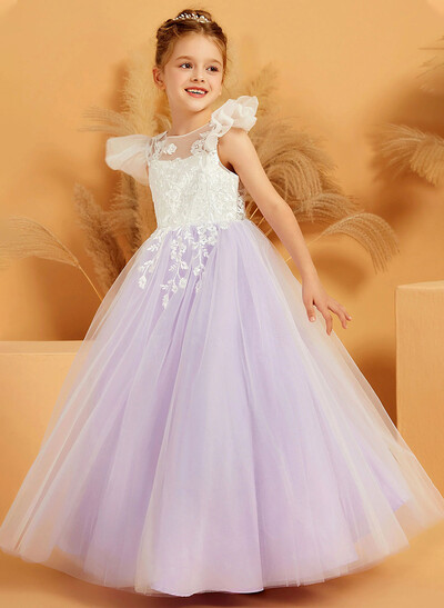 Ball-Gown Illusion Neck Floor-Length Tulle Flower Girl Dresses With Bow(s)/Appliques Lace