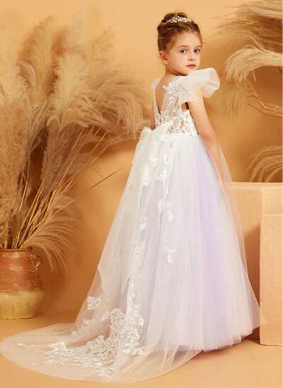 Ball-Gown Illusion Neck Floor-Length Tulle Flower Girl Dresses With Bow(s)/Appliques Lace
