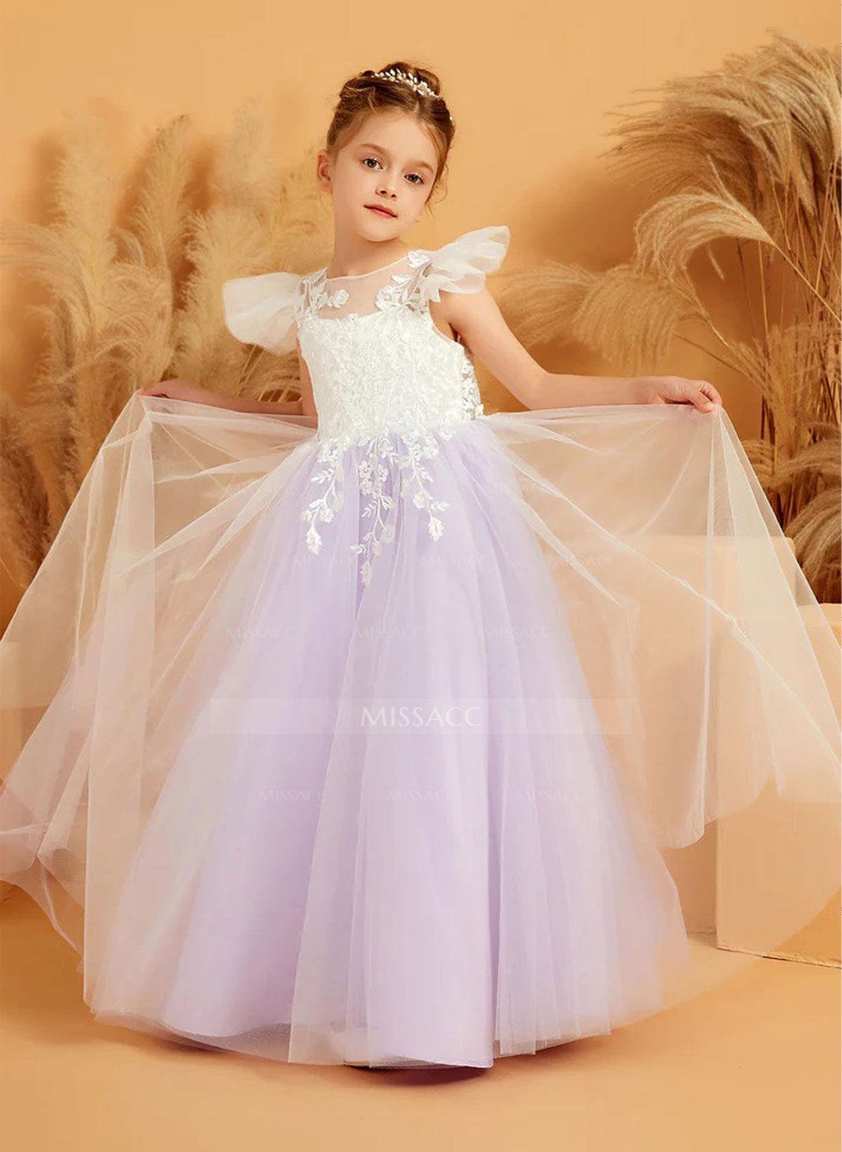 Ball-Gown Illusion Neck Floor-Length Tulle Flower Girl Dresses With Bow(s)/Appliques Lace