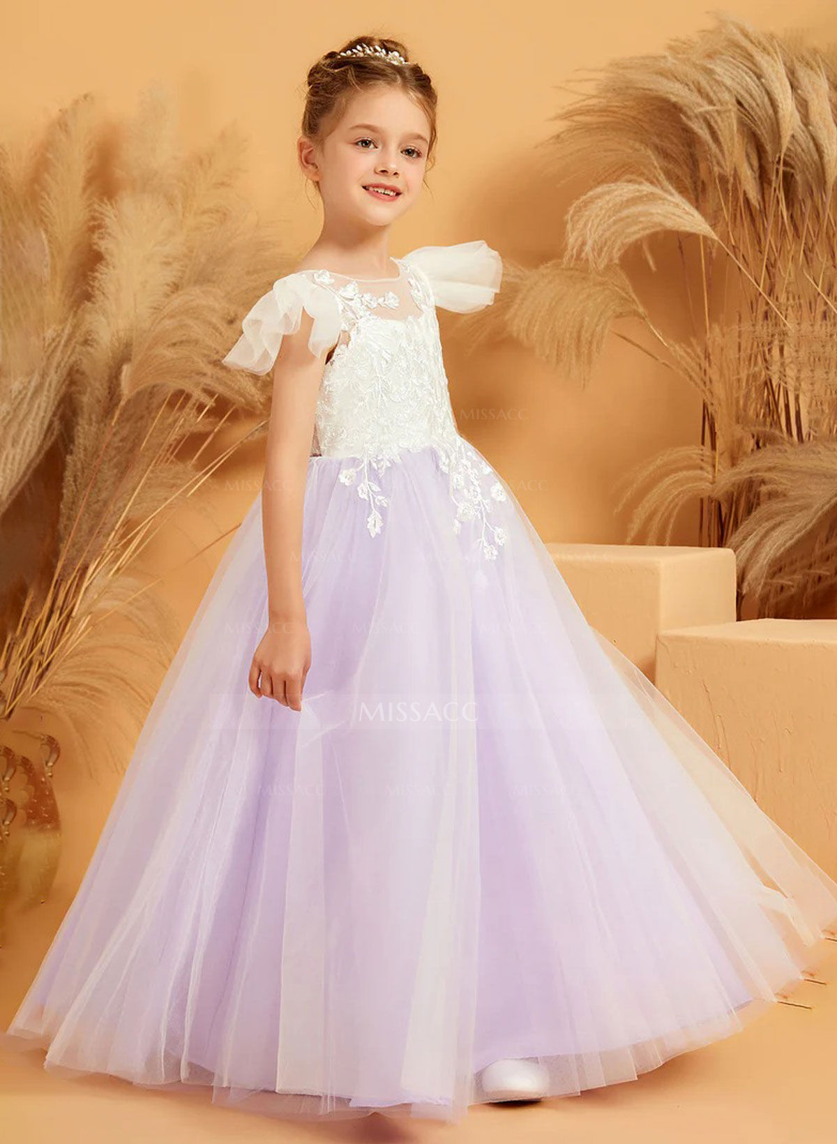 Ball-Gown Illusion Neck Floor-Length Tulle Flower Girl Dresses With Bow(s)/Appliques Lace