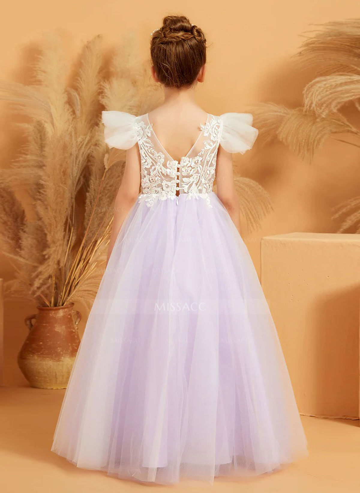 Ball-Gown Illusion Neck Floor-Length Tulle Flower Girl Dresses With Bow(s)/Appliques Lace