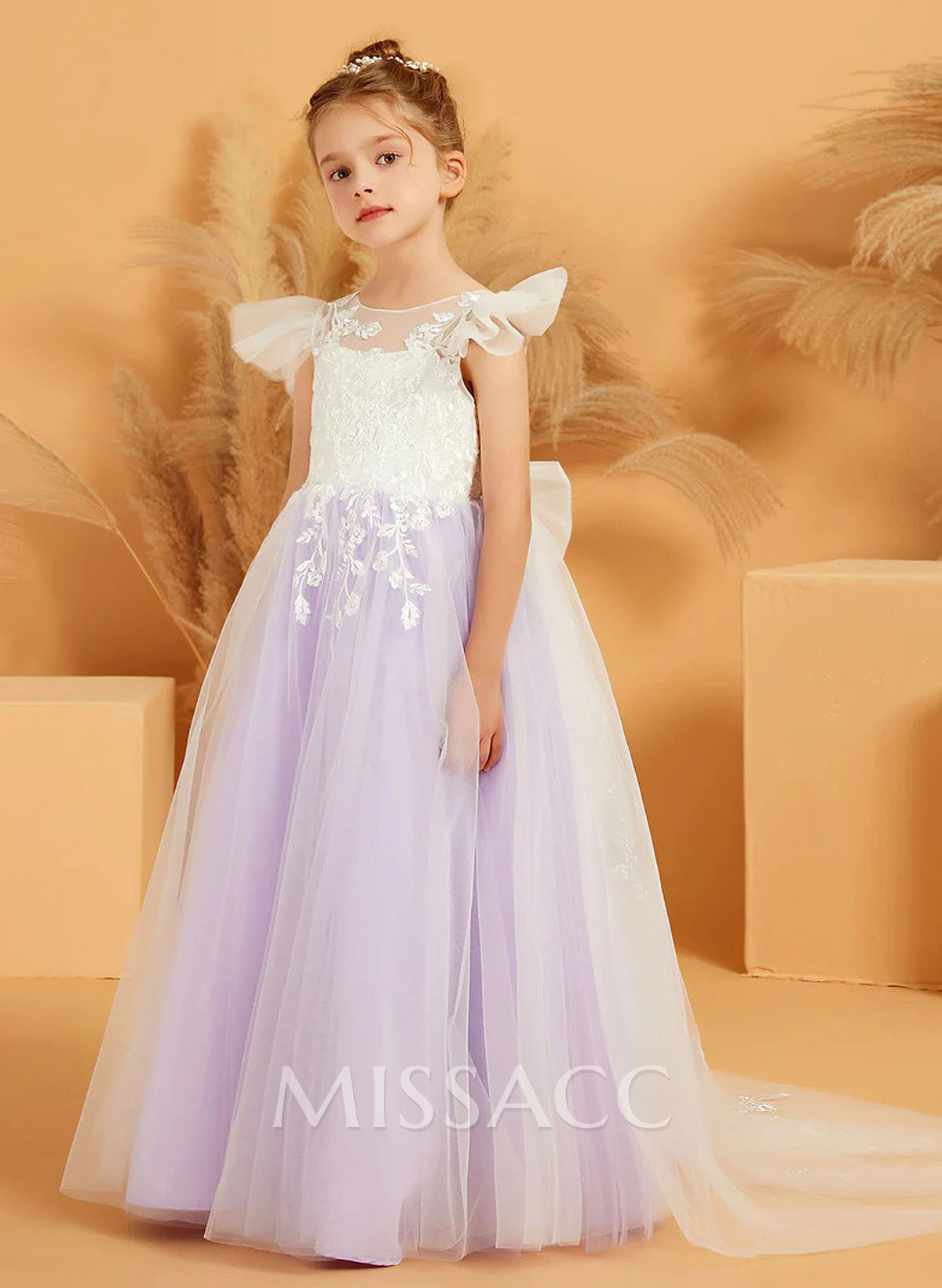 Ball-Gown Illusion Neck Floor-Length Tulle Flower Girl Dresses With Bow(s)/Appliques Lace