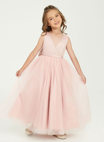 A-Line V-Neck Sleeveless Floor-Length Satin/Tulle Flower Girl Dresses With Bow(s)