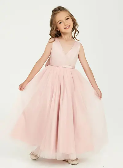 A-Line V-Neck Sleeveless Floor-Length Satin/Tulle Flower Girl Dresses with Bows