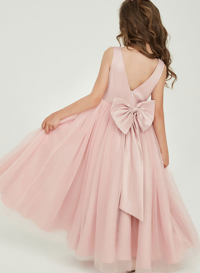 A-Line V-Neck Sleeveless Floor-Length Satin/Tulle Flower Girl Dresses With Bow(s)