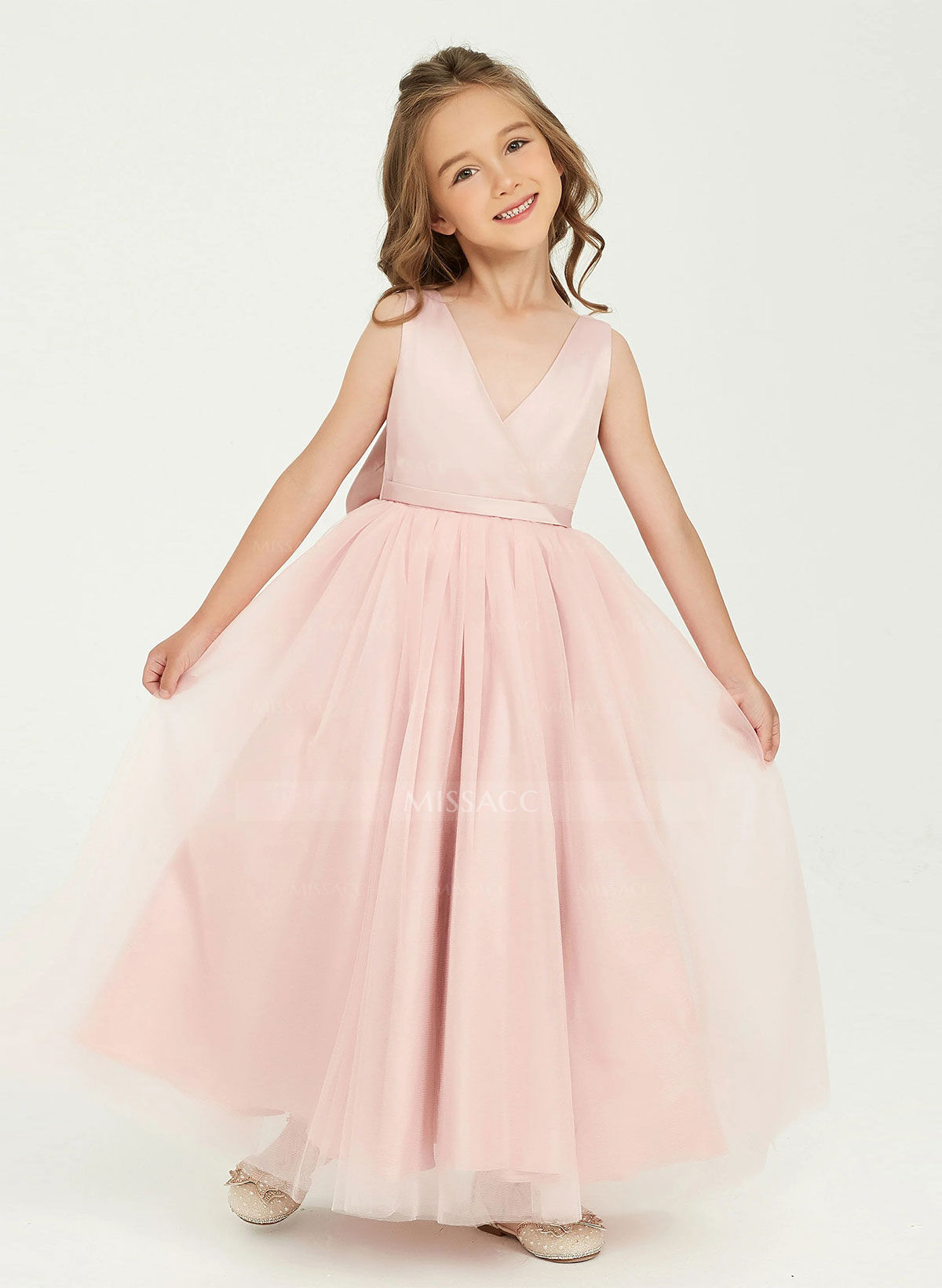 A-Line V-Neck Sleeveless Floor-Length Satin/Tulle Flower Girl Dresses With Bow(s)