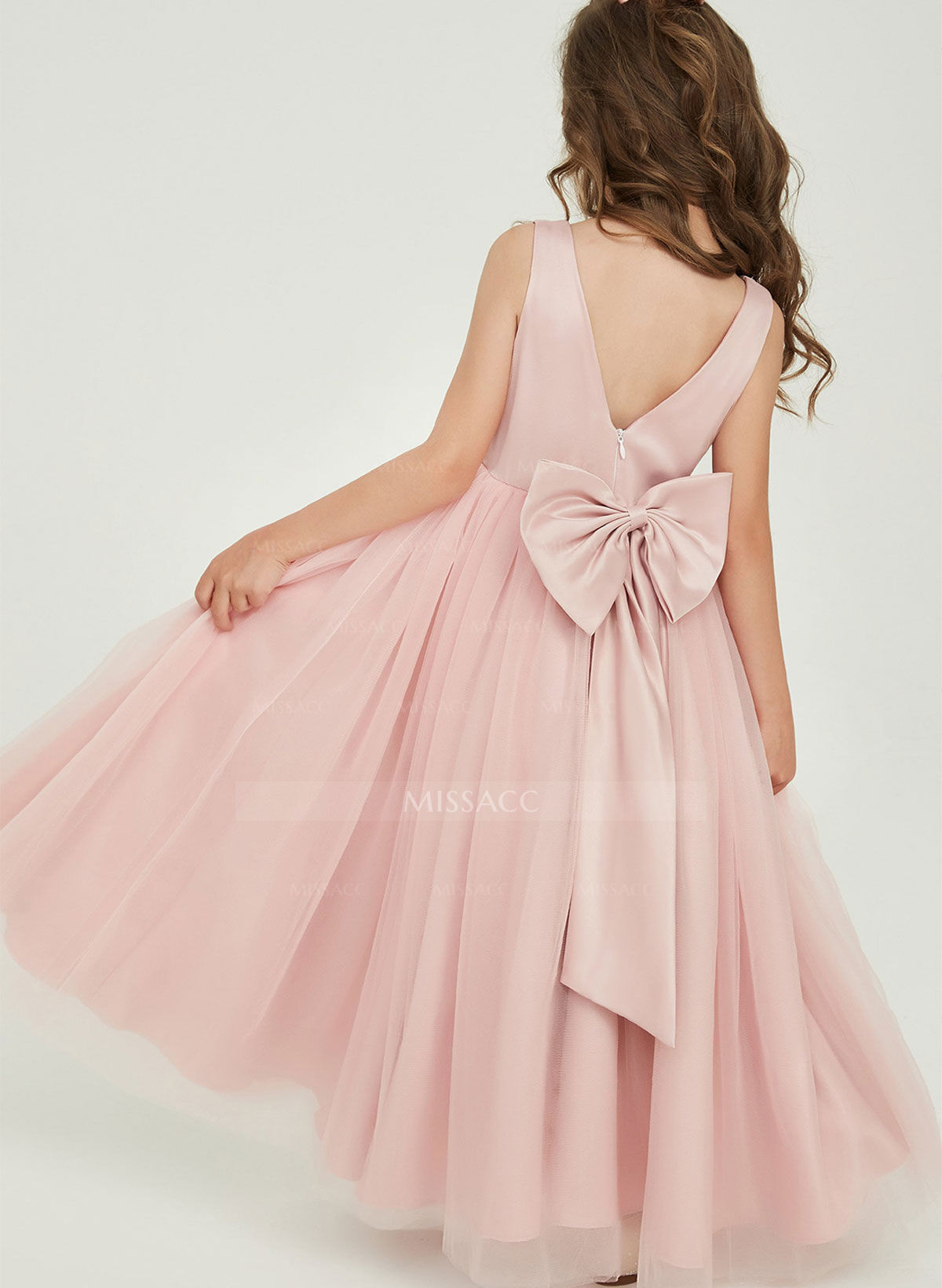 A-Line V-Neck Sleeveless Floor-Length Satin/Tulle Flower Girl Dresses With Bow(s)