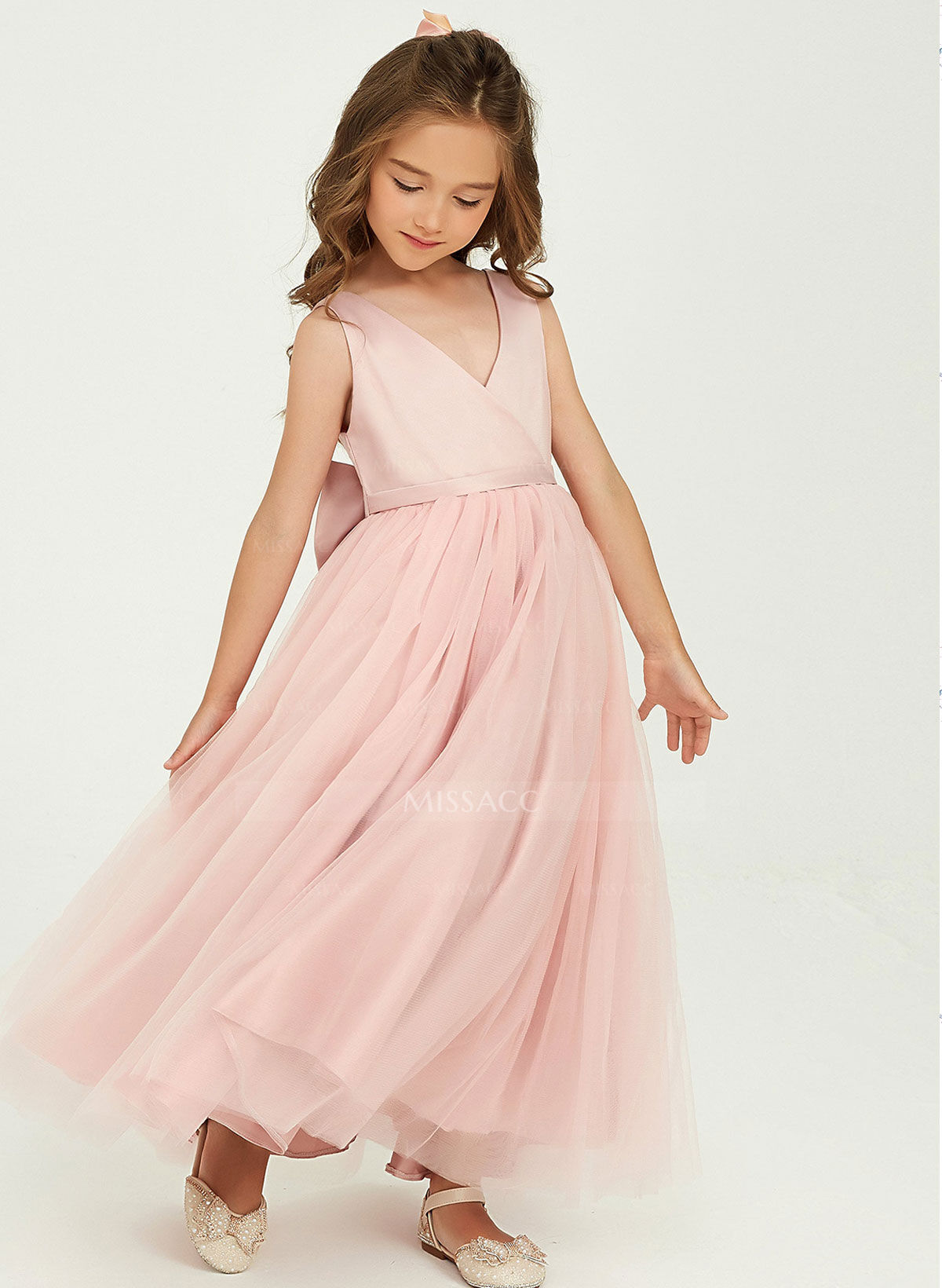 A-Line V-Neck Sleeveless Floor-Length Satin/Tulle Flower Girl Dresses With Bow(s)