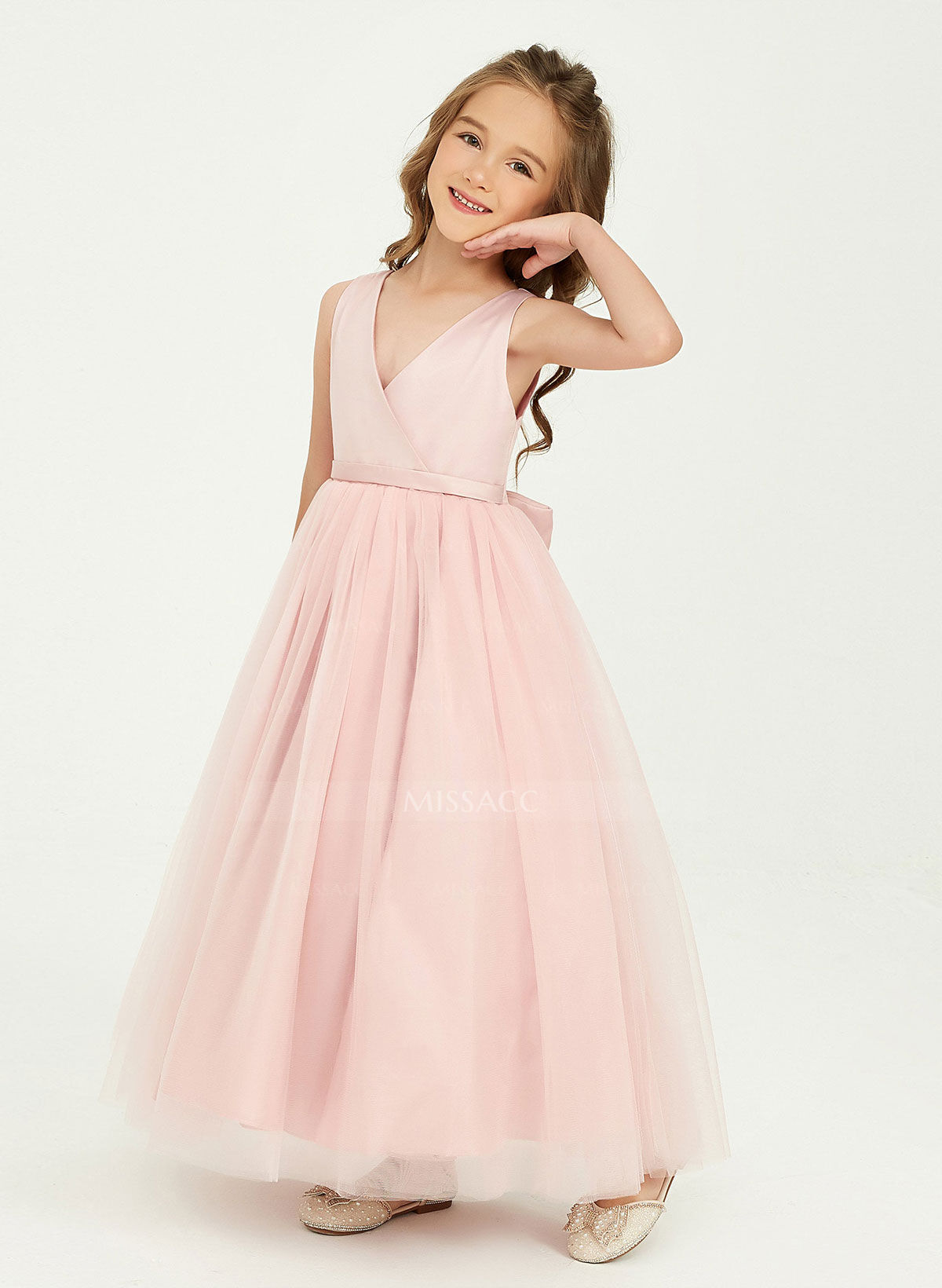 A-Line V-Neck Sleeveless Floor-Length Satin/Tulle Flower Girl Dresses With Bow(s)