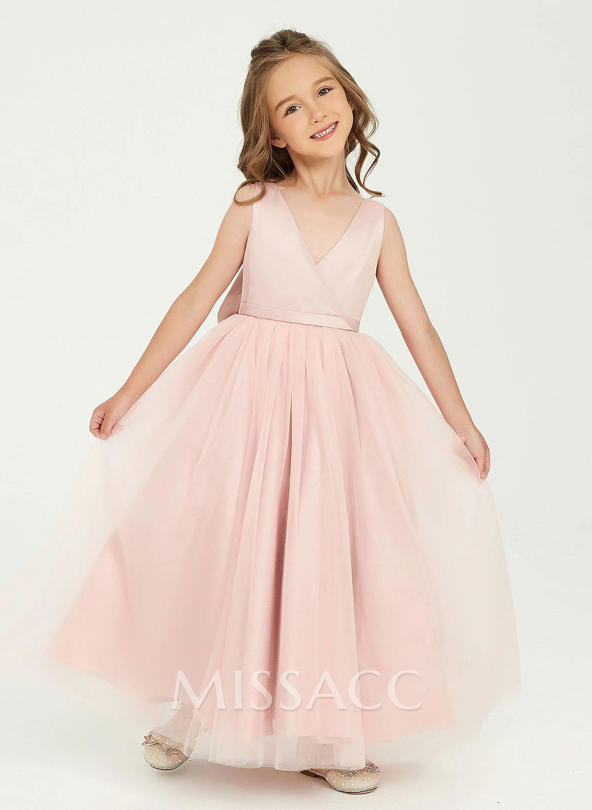 A-Line V-Neck Sleeveless Floor-Length Satin/Tulle Flower Girl Dresses With Bow(s)