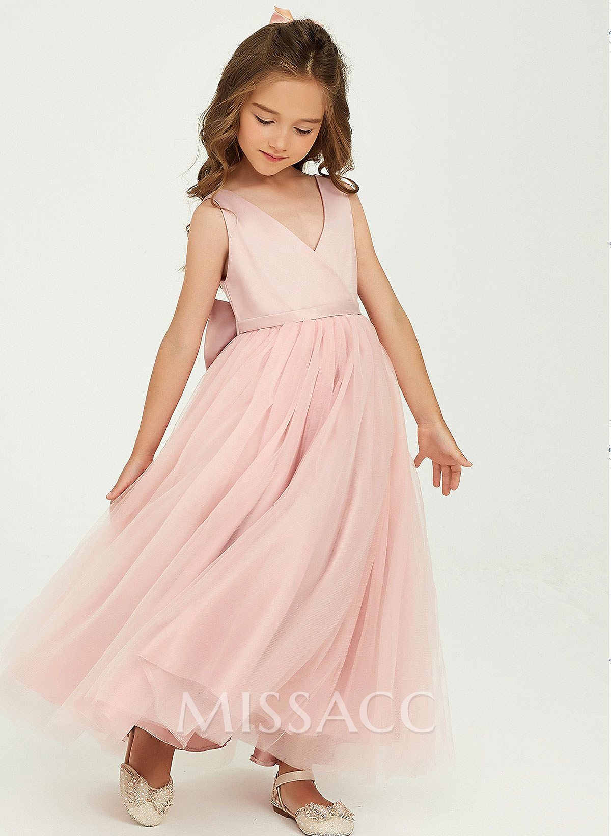 A-Line V-Neck Sleeveless Floor-Length Satin/Tulle Flower Girl Dresses With Bow(s)