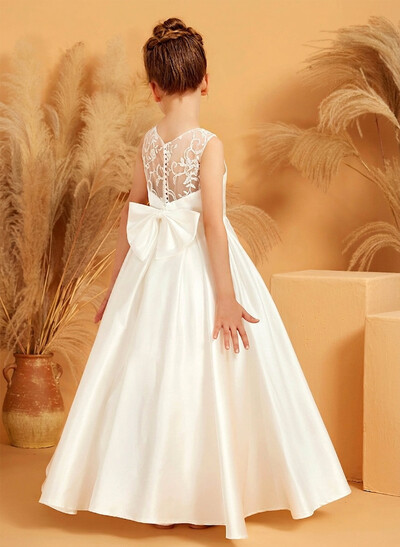 A-Line Scoop Neck Sleeveless Floor-Length Satin Flower Girl Dresses With Bow/Pleated/Appliques Lace