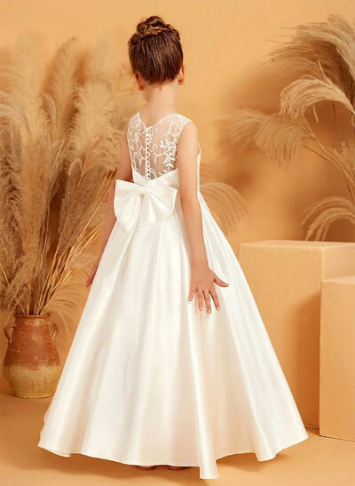 A-Line Scoop Neck Sleeveless Floor-Length Satin Flower Girl Dresses With Bow/Pleated/Appliques Lace