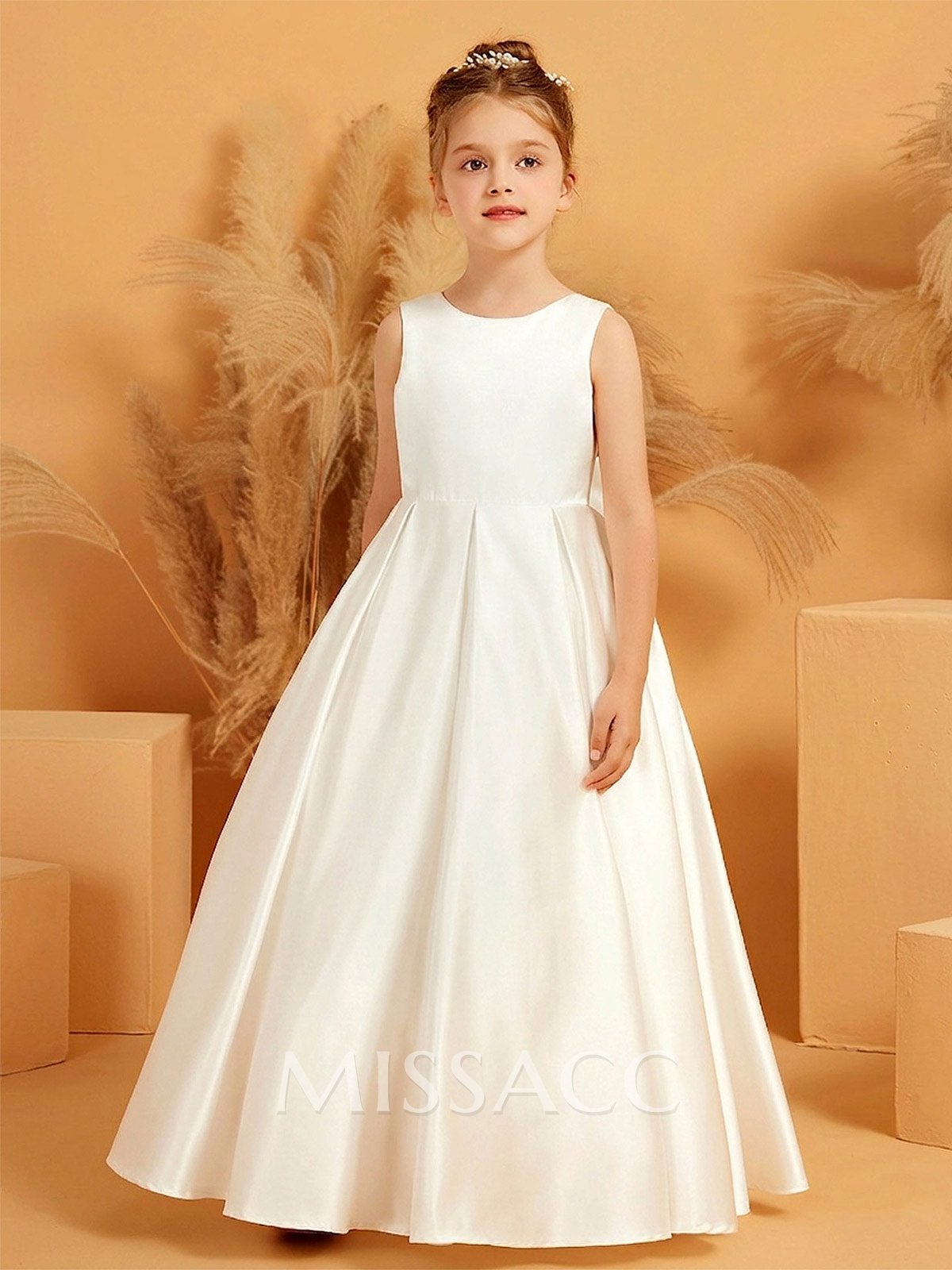 A-Line Scoop Neck Sleeveless Floor-Length Satin Flower Girl Dresses With Bow/Pleated/Appliques Lace A-Line Scoop Neck Sleeveless Floor-Length Satin Flower Girl Dresses With Bow/Pleated/Appliques Lace