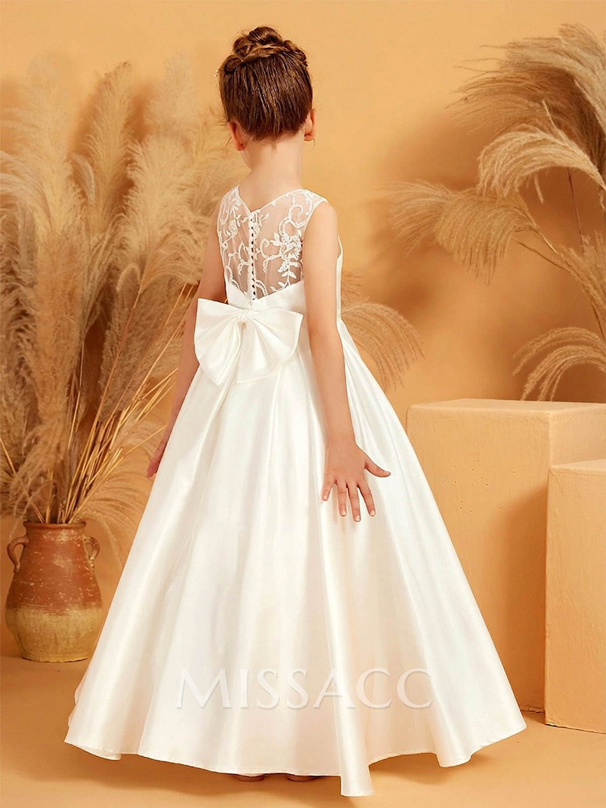 A-Line Scoop Neck Sleeveless Floor-Length Satin Flower Girl Dresses With Bow/Pleated/Appliques Lace A-Line Scoop Neck Sleeveless Floor-Length Satin Flower Girl Dresses With Bow/Pleated/Appliques Lace