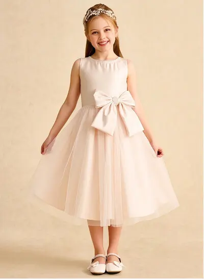 Tea-Length A-Line Scoop Neck Sleeveless Satin and Tulle Flower Girl Dresses with Bow