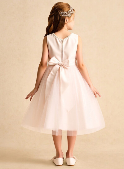 Tea-Length A-Line Scoop Neck Sleeveless Satin/Tulle Flower Girl Dresses With Bow