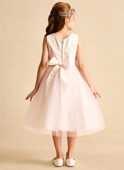 Tea-Length A-Line Scoop Neck Sleeveless Satin and Tulle Flower Girl Dresses with Bow