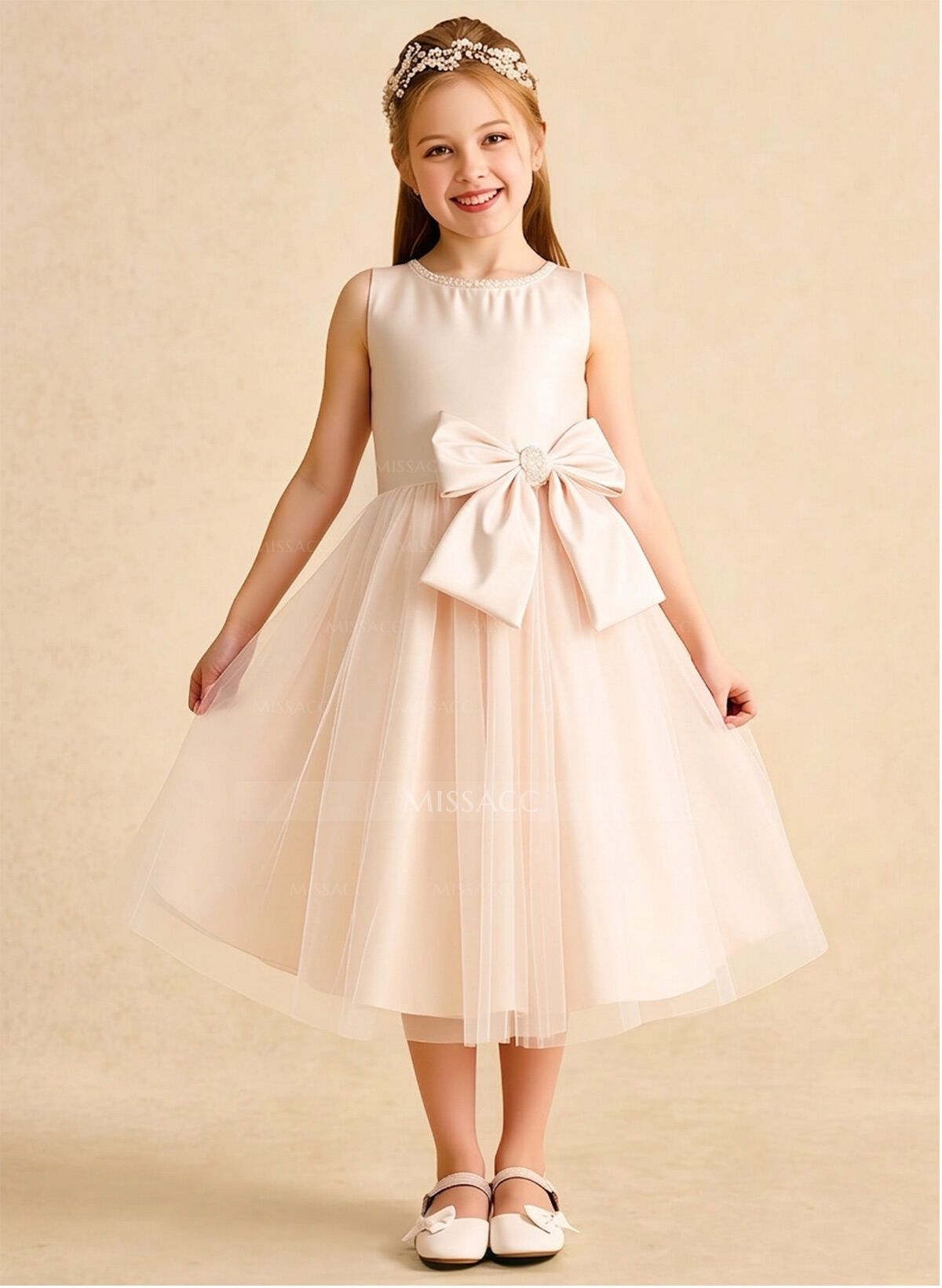 Tea-Length A-Line Scoop Neck Sleeveless Satin/Tulle Flower Girl Dresses With Bow
