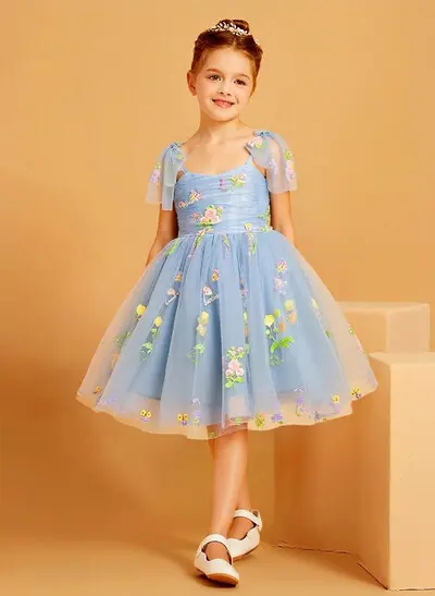 A-Line Sweetheart Sleeveless Knee-Length Tulle Flower Girl Dresses with Bows/Flowers