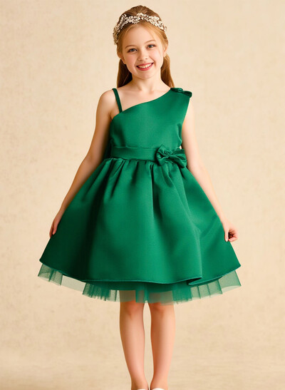 A-Line One-Shoulder Sleeveless Knee-Length Satin/Tulle Flower Girl Dresses With Bow(s)