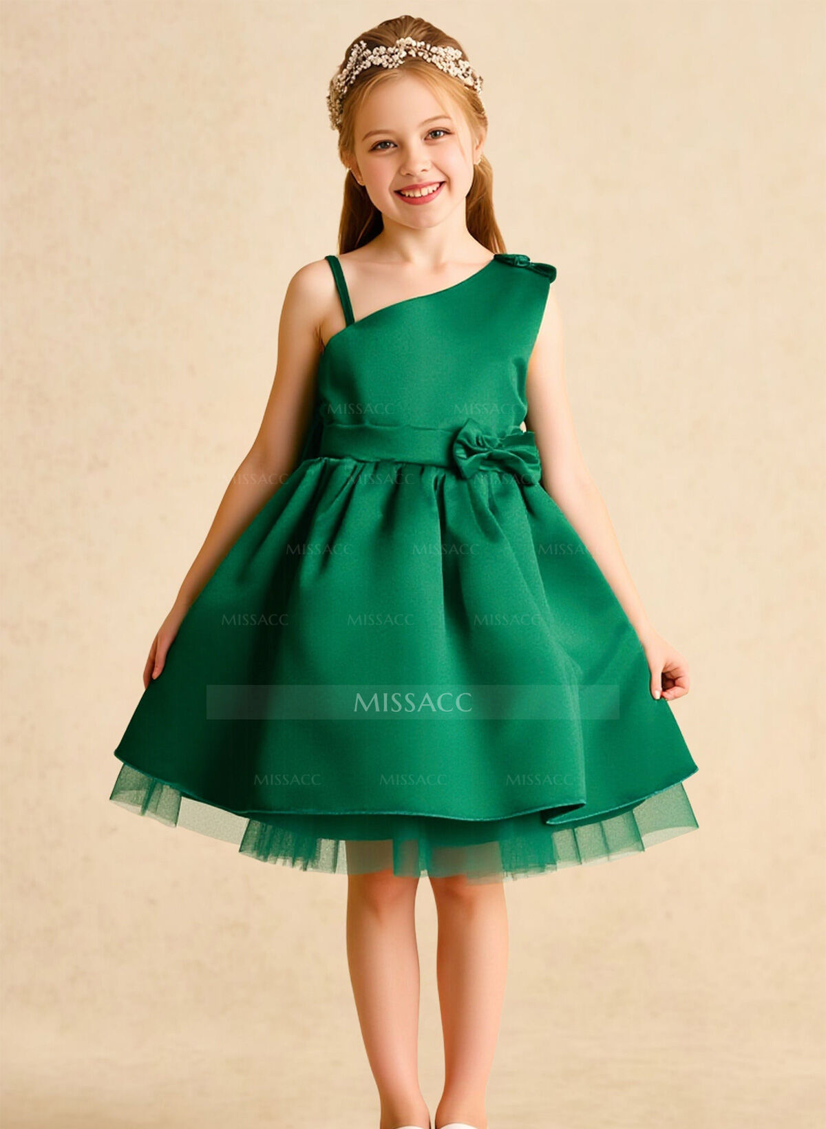 A-Line One-Shoulder Sleeveless Knee-Length Satin/Tulle Flower Girl Dresses With Bow(s)